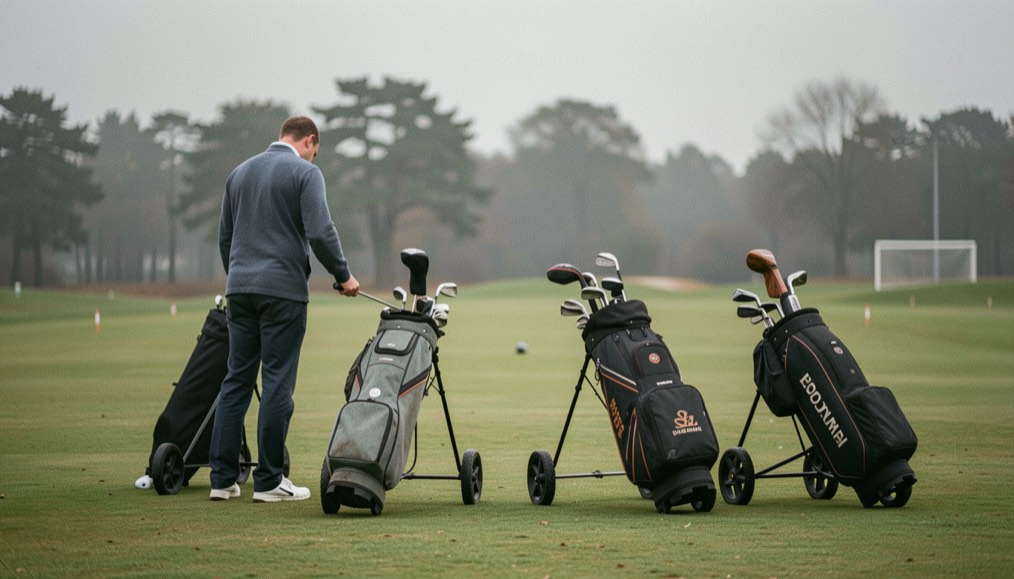 Vier golftassen op karretjes staan klaar naast een afslagplaats terwijl een speler zijn stok kiest