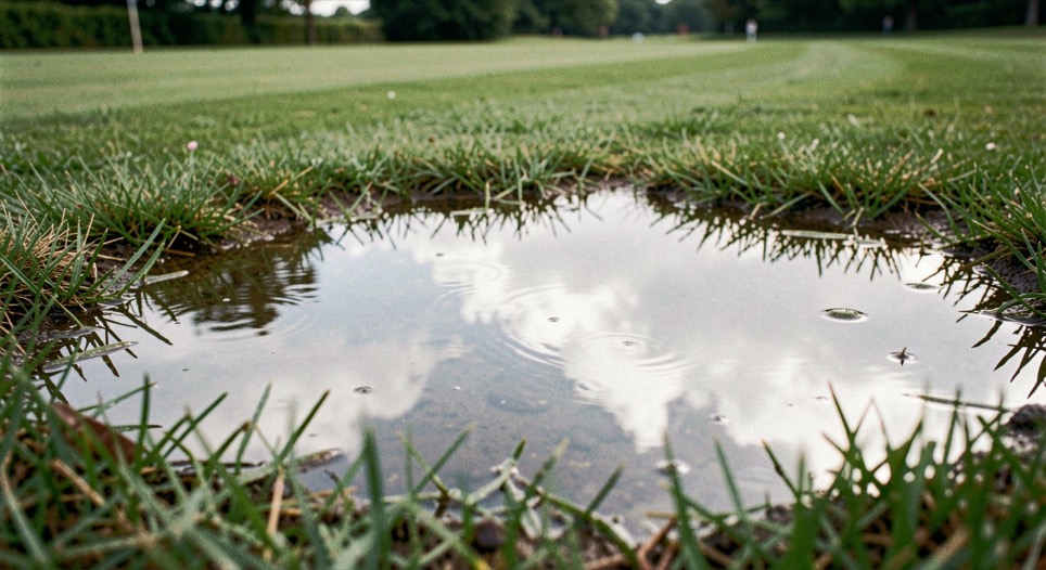Ondiepe regenplas op een gemaaide fairway waarin de bewolkte lucht weerspiegelt